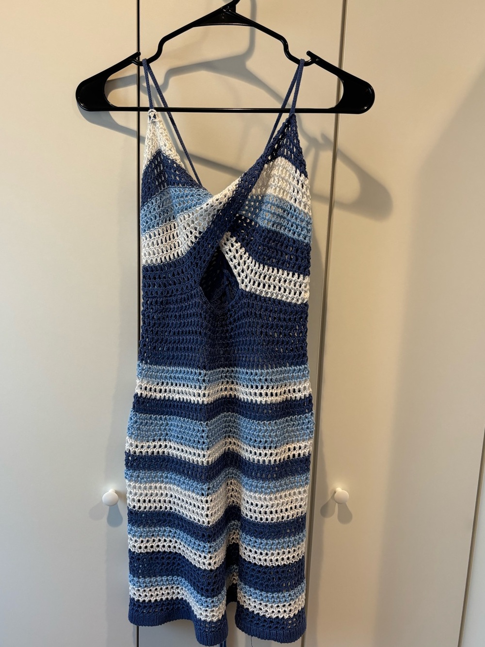 Crochet Striped Spaghetti Strap Tank Dress - Blue & White